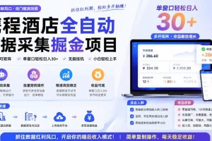 携程酒店采集挂G项目，批量可矩阵，单机轻松日入300+，开启你的睡后收入模式!【揭秘】