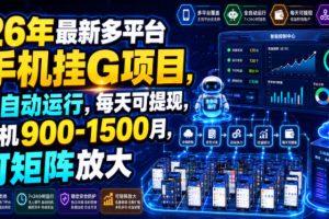 26年最新多平台手机挂G项目，全自动运行，每天可提现，单机900-1500月，可矩阵放大【揭秘】
