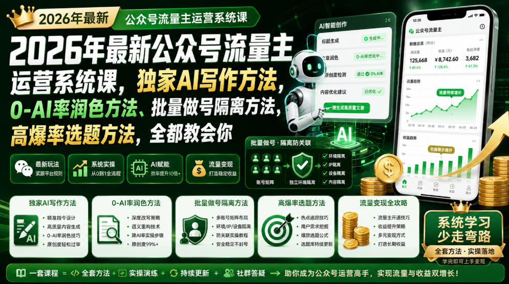 2026年最新公众号流量主运营系统课,独家AI写作方法,0-AI率润色方法、批量做号隔离方法、高爆率选题方法,全都教会你