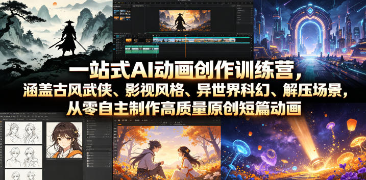 一站式AI动画创作训练营，涵盖古风武侠、影视风格、异世界科幻、解压场景，从零自主制作高质量原创短篇动画（更新）