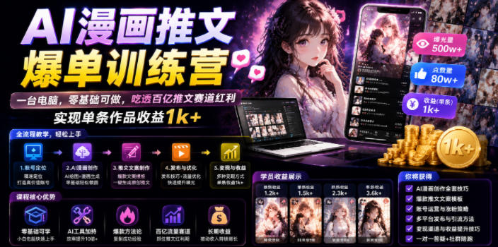 AI漫画推文爆单训练营，一台电脑，零基础可做，吃透百亿推文赛道红利，实现单条作品收益1k+（更新0705）