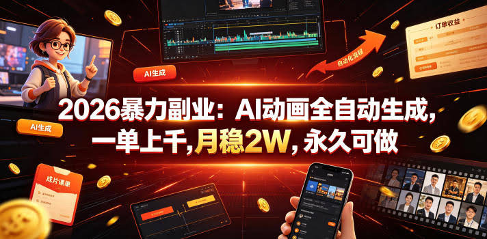 2026暴力副业：AI动画全自动生成，一单上千，月稳2W，永久可做【揭秘】