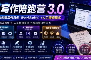 AI写作陪跑营3.0，Ai智能体创建写作skill（workbuddy）+人工手写模式（手搓模式），去除AI痕迹（头条号、公众号、百家号）