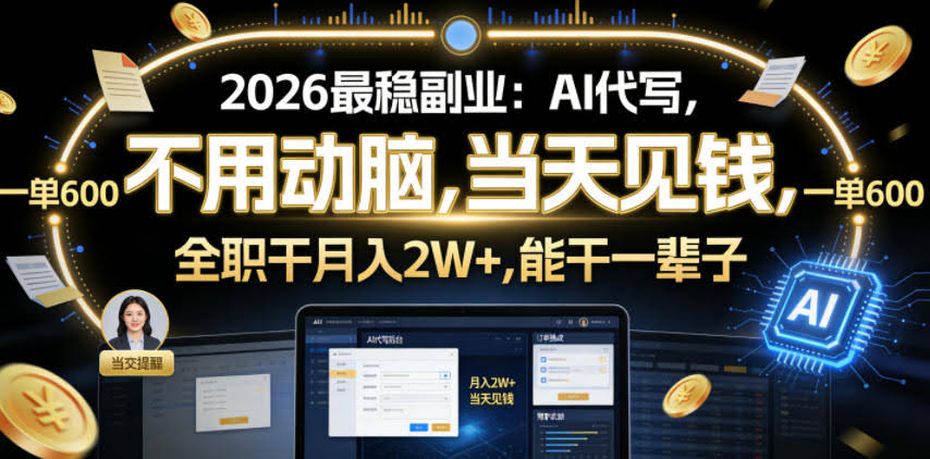2026最稳副业：AI代写，不用动脑，当天见钱，一单600，全职干月入2W+，能干一辈子【揭秘】
