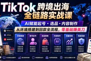 TikTok跨境出海全链路实战课，AI赋能起号・选品・内容制作，从环境搭建到回款全流程，零基础賺美刀