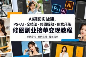 AI摄影实战课，PS+AI・全技法・修图提效・创意升级，修图副业接单变现教程