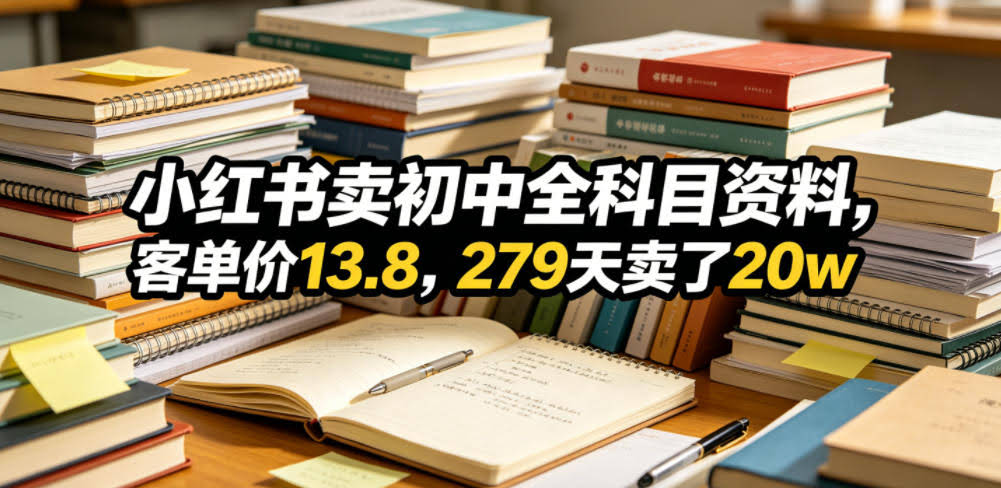 小红书卖初中全科目资料,客单价13.8,279天卖了20w