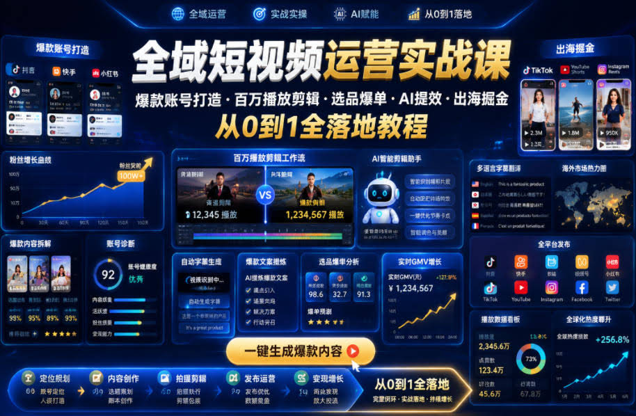 全域短视频运营实战课，爆款账号打造・百万播放剪辑・选品爆单・AI提效・出海掘金，从0到1全落地教程