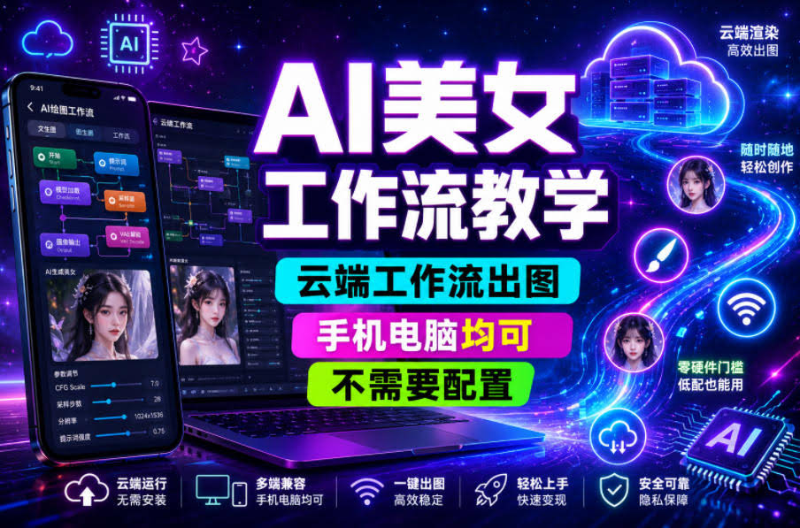 AI美女工作流教学,云端工作流出图,手机电脑均可,不需要配置,快速起号涨粉