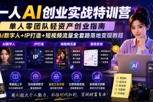 一人AI创业实战特训营，单人零团队轻资产创业指南，AI数字人+IP打造+短视频流量全套路落地变现教程