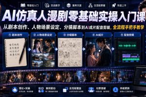 AI仿真人漫剧零基础实操入门课，从剧本创作、人物场景设定、分镜脚本到AI成片配音剪辑，全流程手把手教学