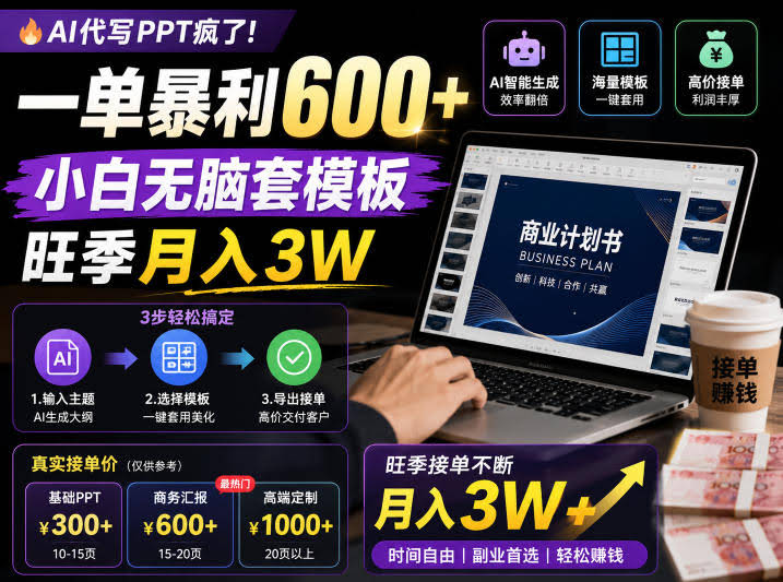 AI代写PPT疯了！一单暴利600+，小白无脑套模板，旺季月入3W，不用苦哈哈引流【揭秘】