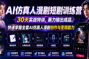 AI仿真人漫剧短剧训练营，30天实战特训，暴力输出成品，快速掌握全套AI仿真人漫剧创作与变现能力