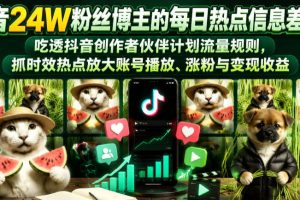 抖音24W粉丝博主的每日热点信息差教学，吃透创作者伙伴计划流量规则，抓时效热点放大账号播放、涨粉与变现收益