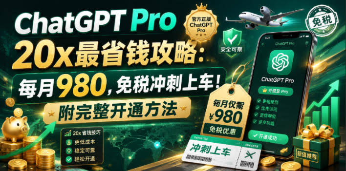 ChatGPT Pro 20x最省钱攻略：每月980，免税冲刺上车！附完整开通方法【文档】