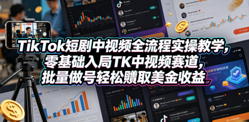 TikTok短剧中视频全流程实操教学，零基础入局TK中视频赛道，批量做号轻松賺取美金收益
