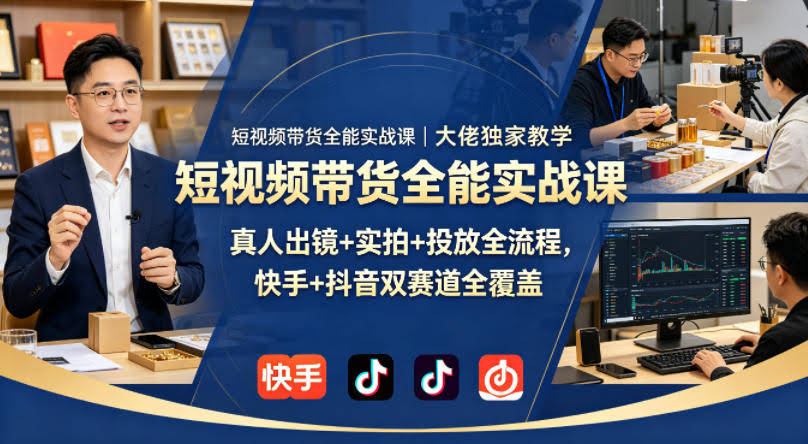 短视频带货全能实战课｜大佬独家教学，真人出镜+实拍+投放全流程，快手+抖音双赛道全覆盖