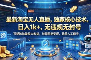 最新淘宝无人直播，独家核心技术，日入1k+，无违规无封号，可矩阵批量放大，长期稳定，无需人工值守【揭秘】