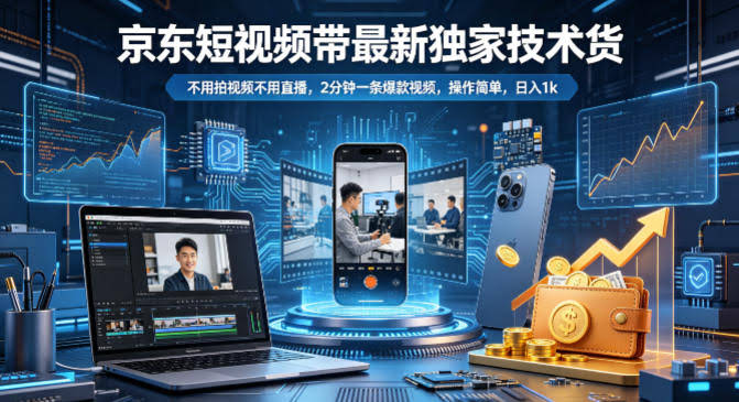 京东短视频带货最新独家技术,不用拍视频不用直播,2分钟一条爆款视频,操作简单,日入1k+【揭秘】