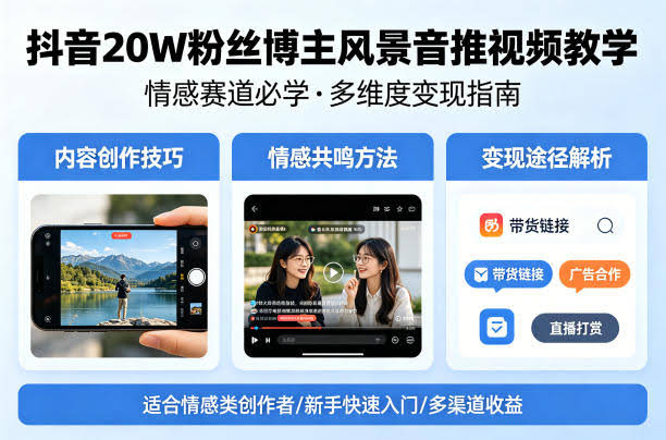 抖音20W粉丝博主风景音推视频教学,情感赛道必学,各种变现途径