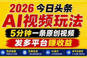 2026今日头条AI视频玩法，5分钟一条原创视频，发多平台赚收益